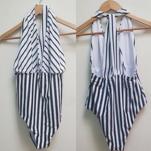 NWT ASOS Swimsuit Fuller Bust Halter Plunge Black/White Stripes Size 6 G/H
